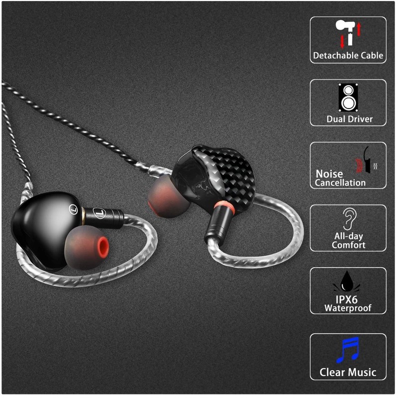 Dual Driver In Ear Monitor Headphones with Detachable Cable