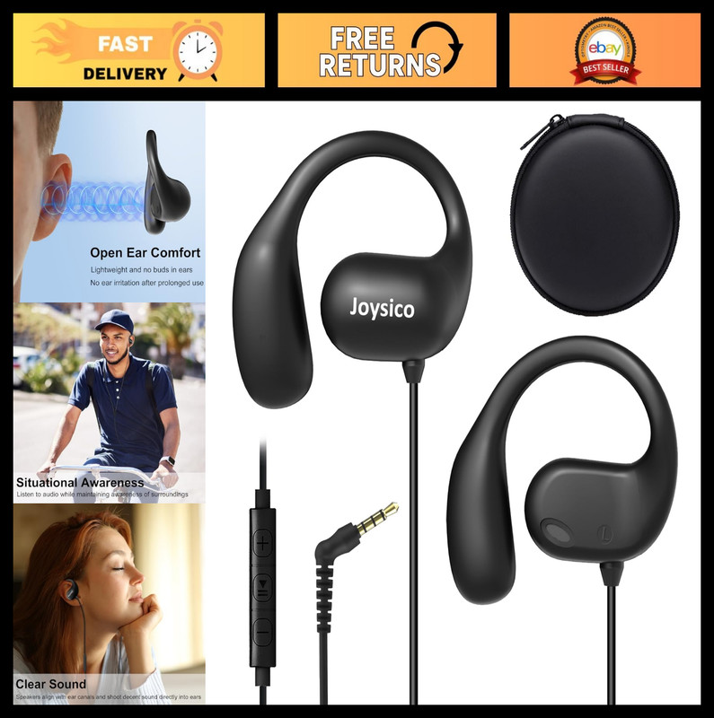 Wired Open Ear Headphones with Microphone, Volume Control, Wrap Around Hook, Spo