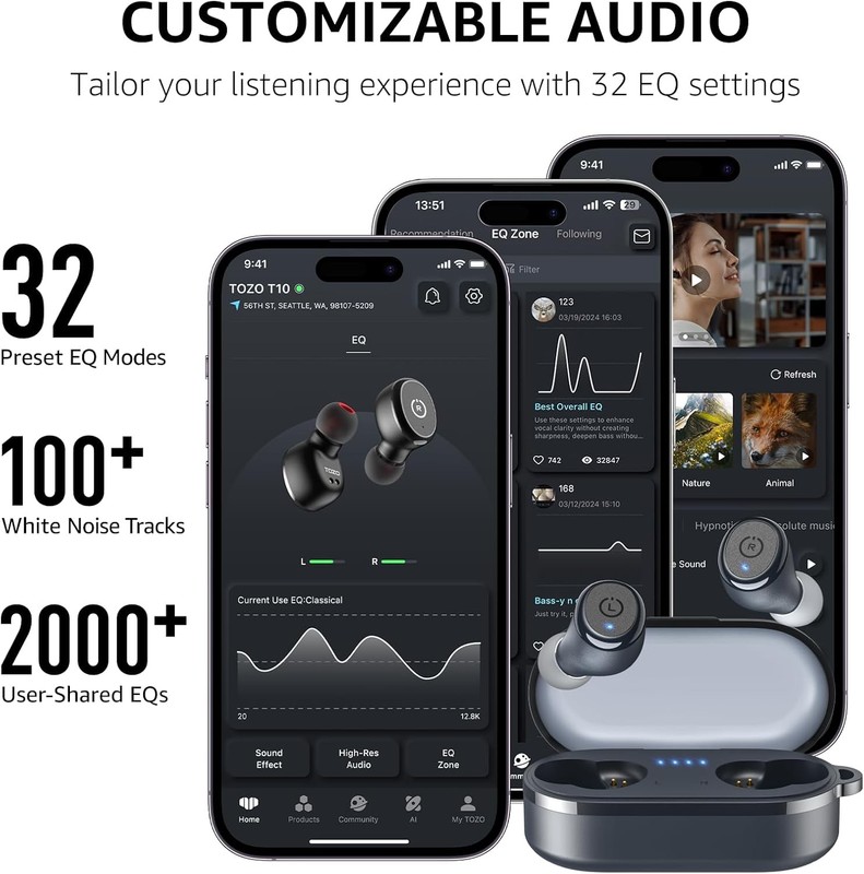 TOZO T10 Wireless Earbuds Bluetooth 5.3 55H Playtime Waterproof Charging Case gallery
