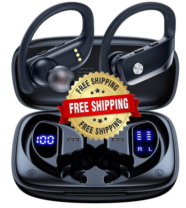 Auriculares Inalámbricos Deportivos con Ganchos, 48h, Micrófono, LED, Negros