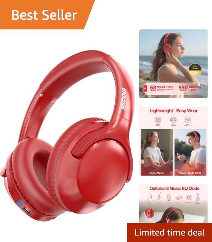 Wireless Bluetooth Headphones Over Ear 68H Playtime Foldable Light Red