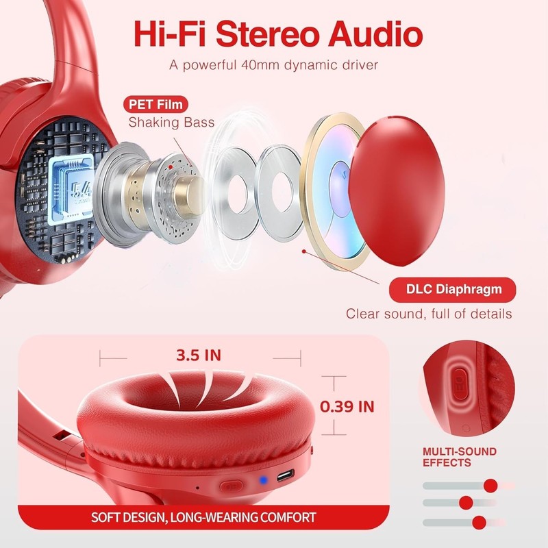 Wireless Bluetooth Headphones Over Ear 68H Playtime Foldable Light Red gallery