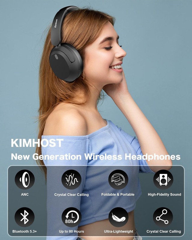 KIMHOST T30 Active Noise Cancelling Headphones, 120Hrs Playtime Bluetooth 5.3... gallery