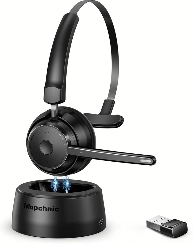 Mopchnic Bluetooth Headset w/ AI Noise Canceling Mic + USB Dongle – Black