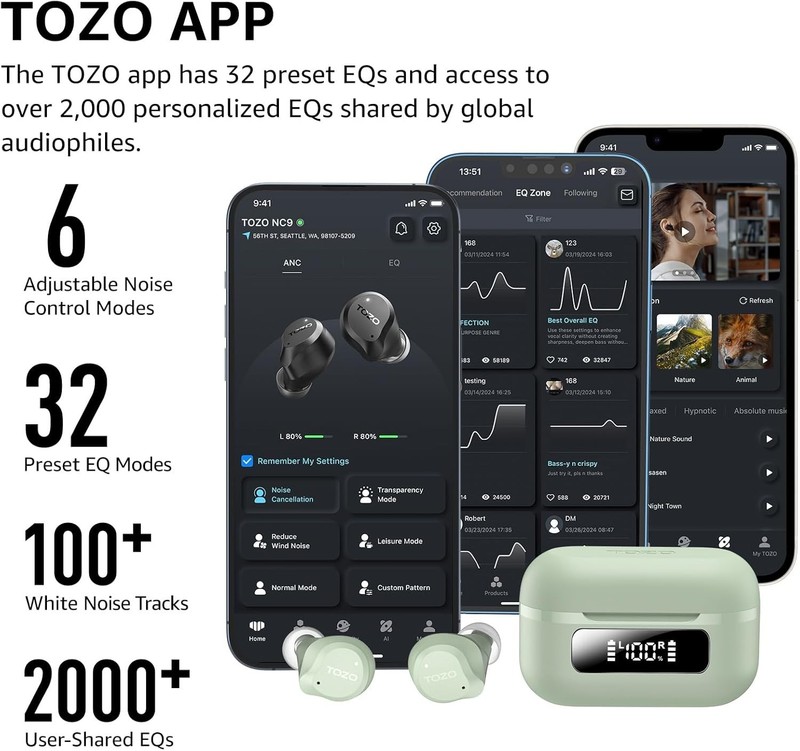 NC9 Hybrid Active Noise Cancelling Wireless Earbuds, 6 Mics ENC Clear Call, W... gallery