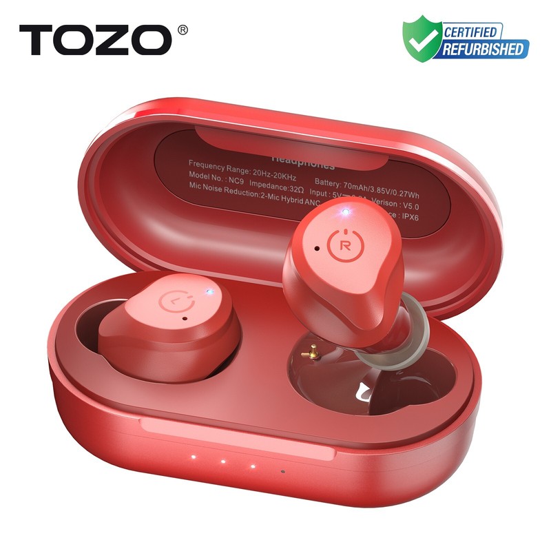 TOZO NC9 Hybrid Active Noise Cancellation Wireless Earbuds, Red (Renew)