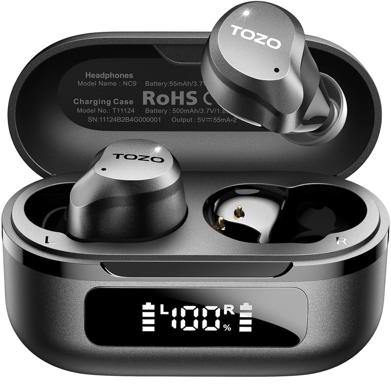 TOZO NC9 Hybrid Active Noise Cancelling Wireless Earbuds, 6 Mics ENC Clear Call,