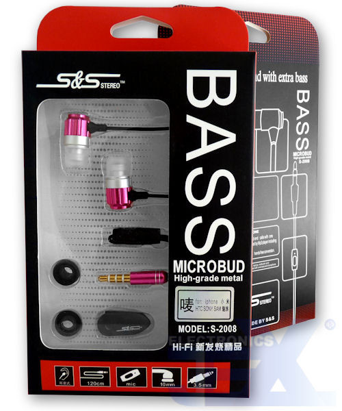S&S Pink Aluminum Earbuds Earphones with Mic/Remote S-2008-2 High Quality