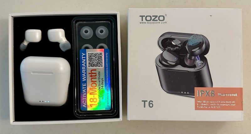 TOZO T6 True Wireless Earbuds Bluetooth 5.0 White w/ Case Charger & Ear Tips