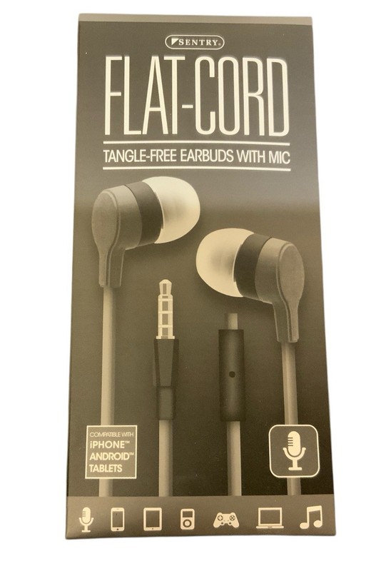 Sentry Flat-Cord Tangle-Free Earbuds With Mic Gray 3.5mm Jack Stereo Sound NEW