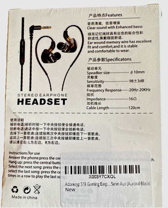 Adorezyp S18 Stereo In-Ear Gaming Earphones, Enhanced Bass, 3.5mm, Black gallery