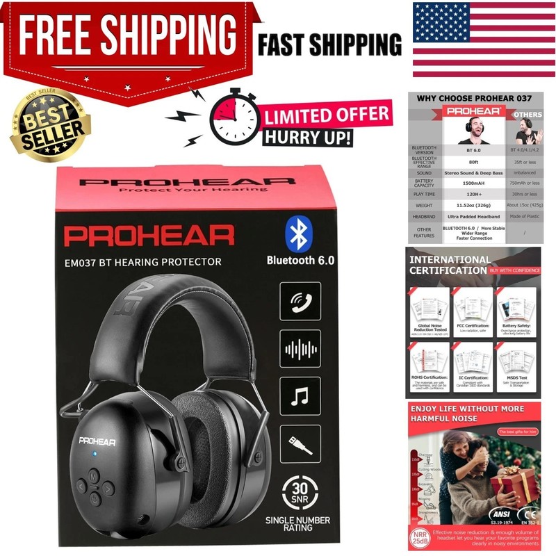 Prohear 037 Bluetooth 6.0 Safety Headphones – 30dB Noise Reduction, 120H Play…