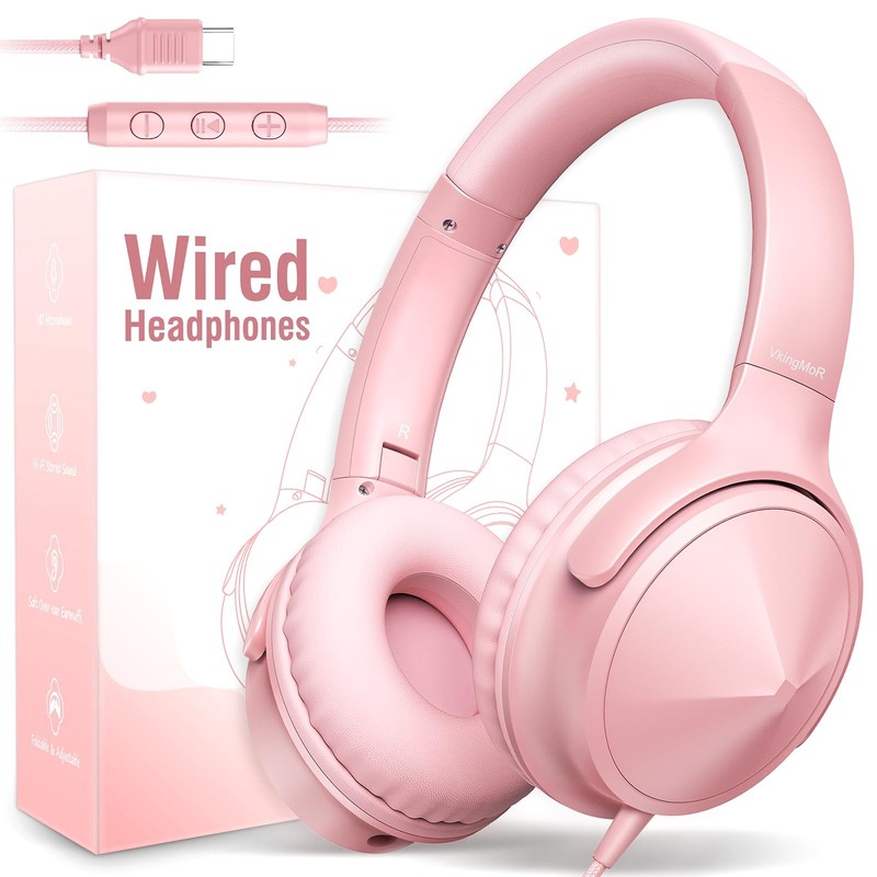 Wired USB C Over Ear Headphones Mic Volume Control HD Stereo Foldable Pink