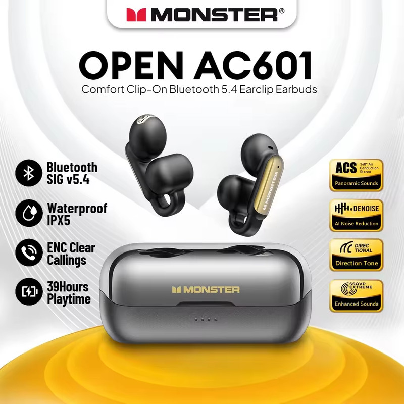Monster Open AC601 Wireless Earbuds, Crystal Clear Call, USB-C Charging