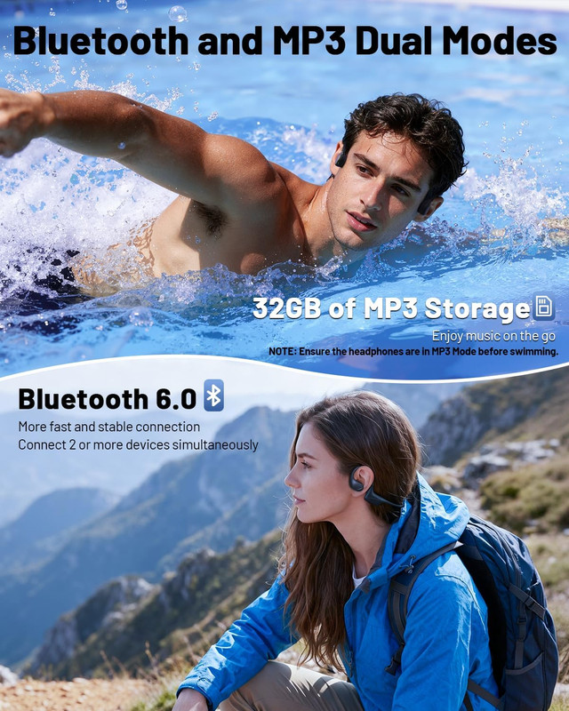 Bone Conduction Swimming Headphones with Dual Driver, IPX8 Waterproof Air Conduc gallery