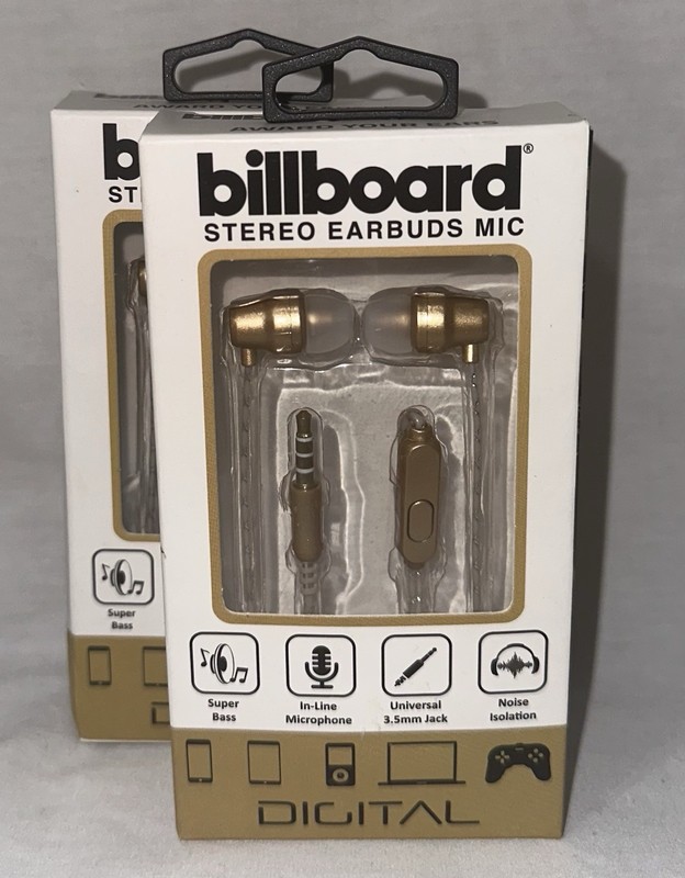 Two (2) Billboard Super Bass Stereo Earbuds W/ Mic Gold BB574
