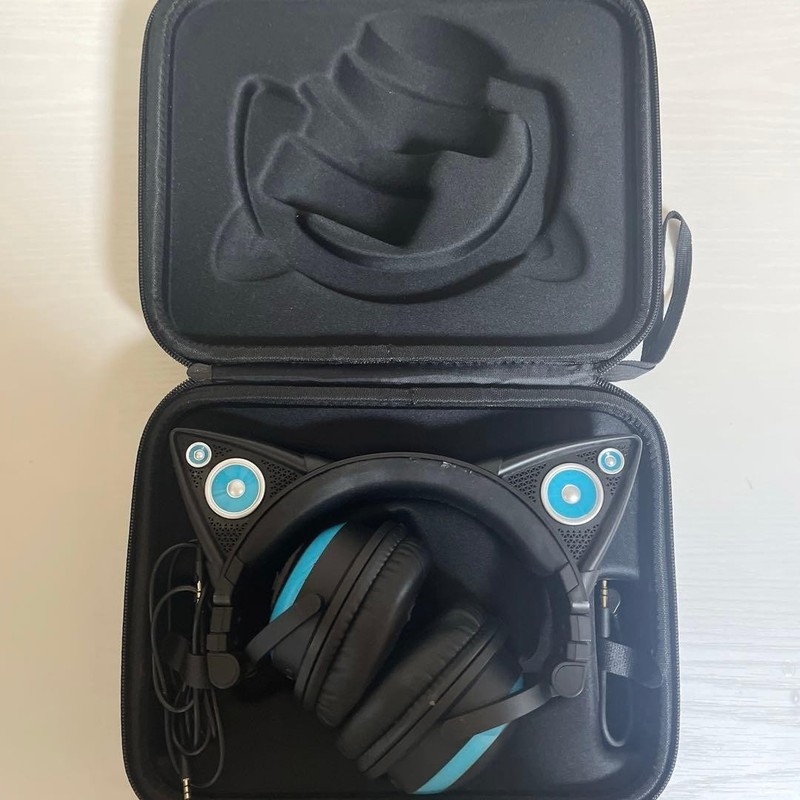 AXENT WEAR Cat Ear Headphones with LED Speakers Light Blue Tested w/case O66