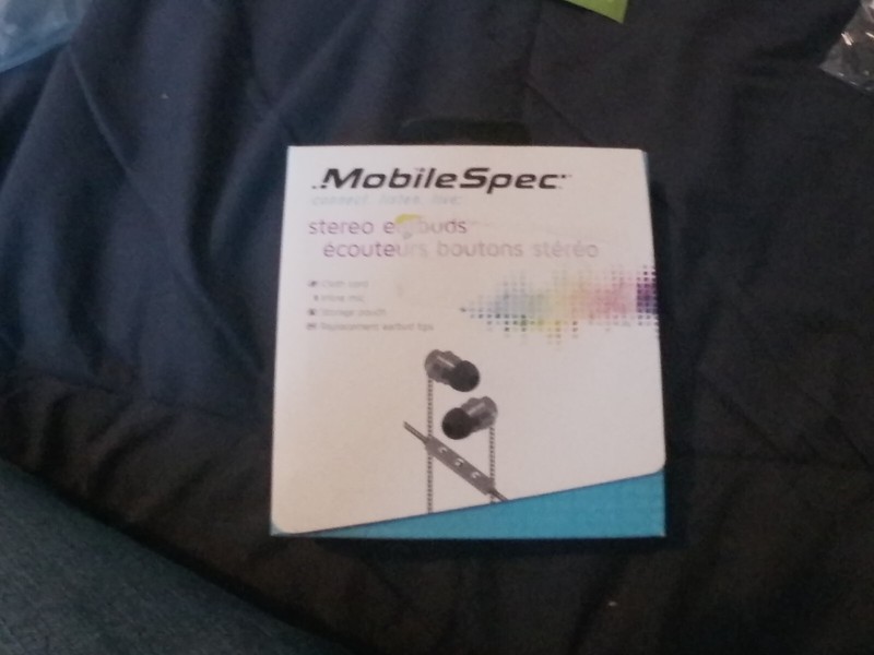 New MobileSpec Stereo Earbuds With Mic & Storage Pouch, Gray/Black, In Box