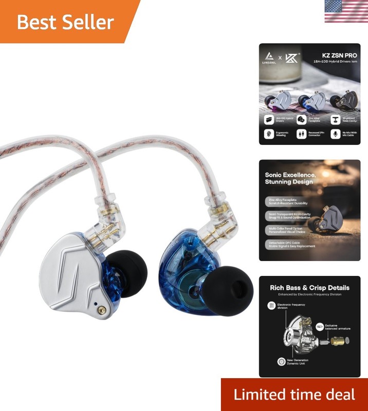 KZ ZSN Pro Dual Driver 1BA+1DD Hybrid Metal Earphones HiFi in-Ear Monitor wit…