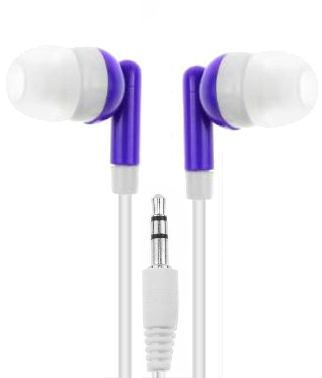 Classroom Earbuds Lot of 10 – PURPLE/WHITE – 3.5mm – Individually Wrapped
