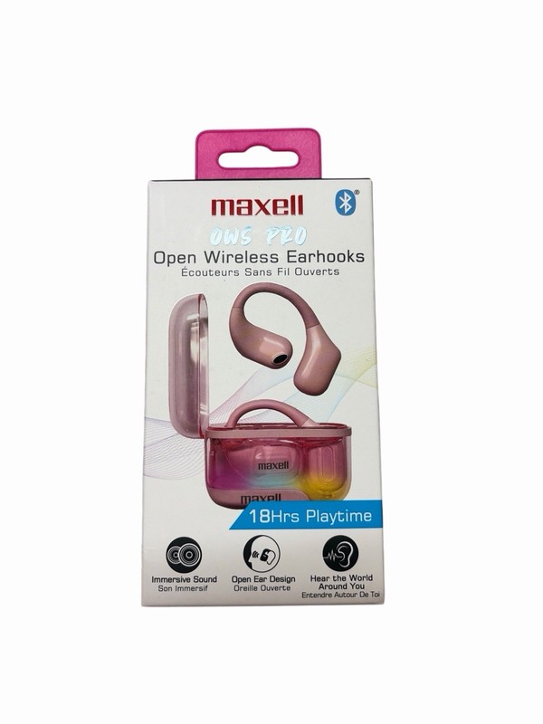 Brand New Maxell OWS Pro Wireless Open Earhooks 18 Hours Playtime Pink Case