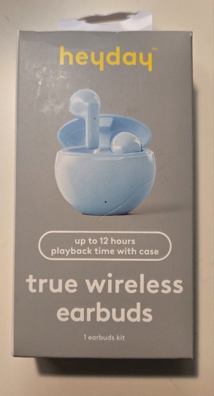 HeyDay wireless earbuds with case. Light blue.