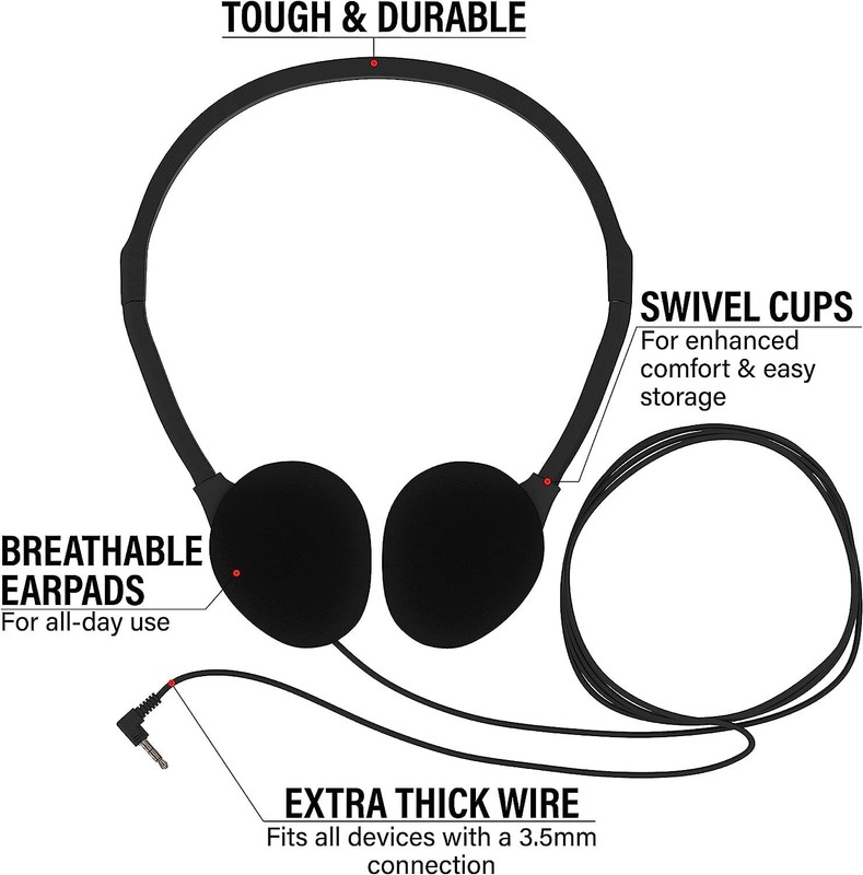 Lightweight Black Classroom Headphones - 10 Pack, Ideal for Libraries & Offices gallery
