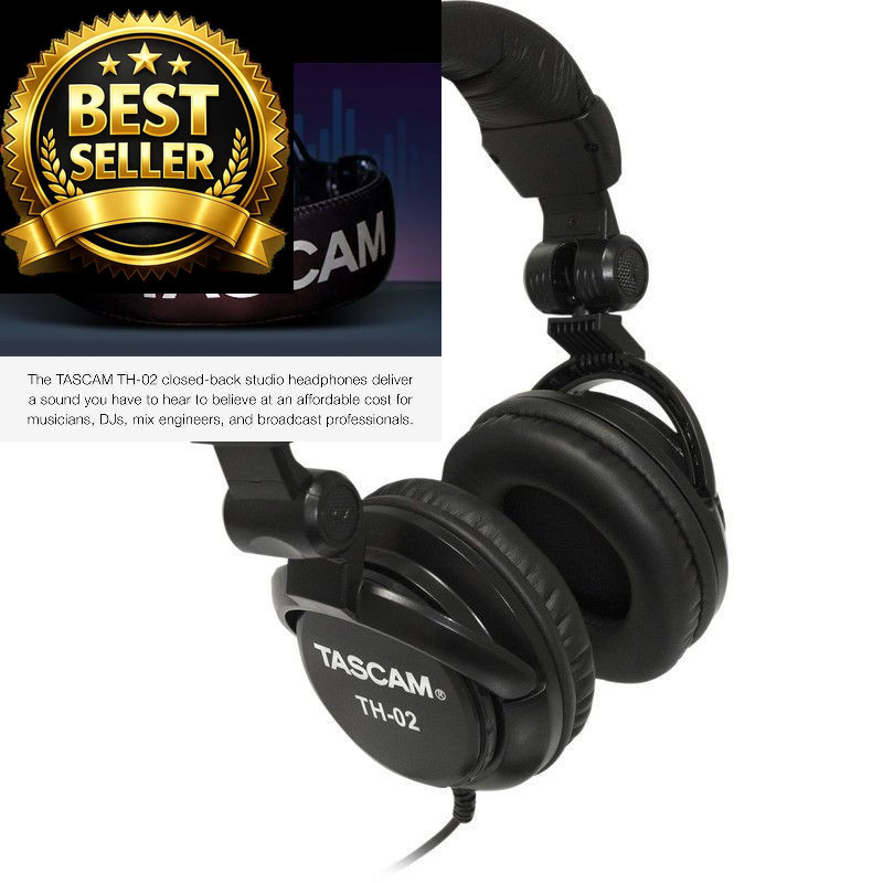 TASCAM TH-02 Professional Studio Monitor Headphones, Wired, Medium, Black