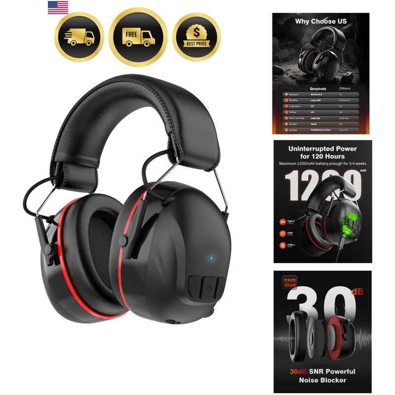 Bluetooth 6.0 Hearing Protection Headphones with 120H Working Time, 30dB SNR,…