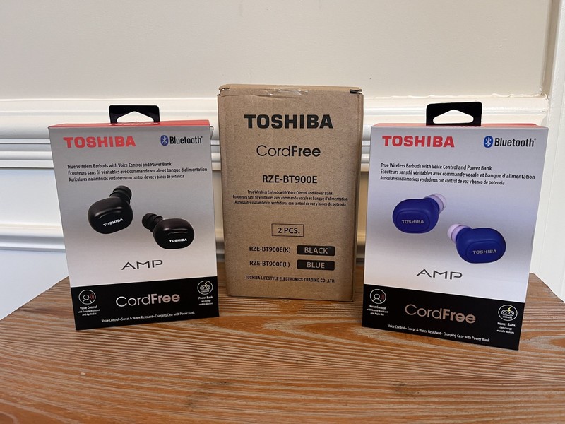(2 Pack) Toshiba Amp Truly Wireless Earbuds with Charging Cases – Black & Blue