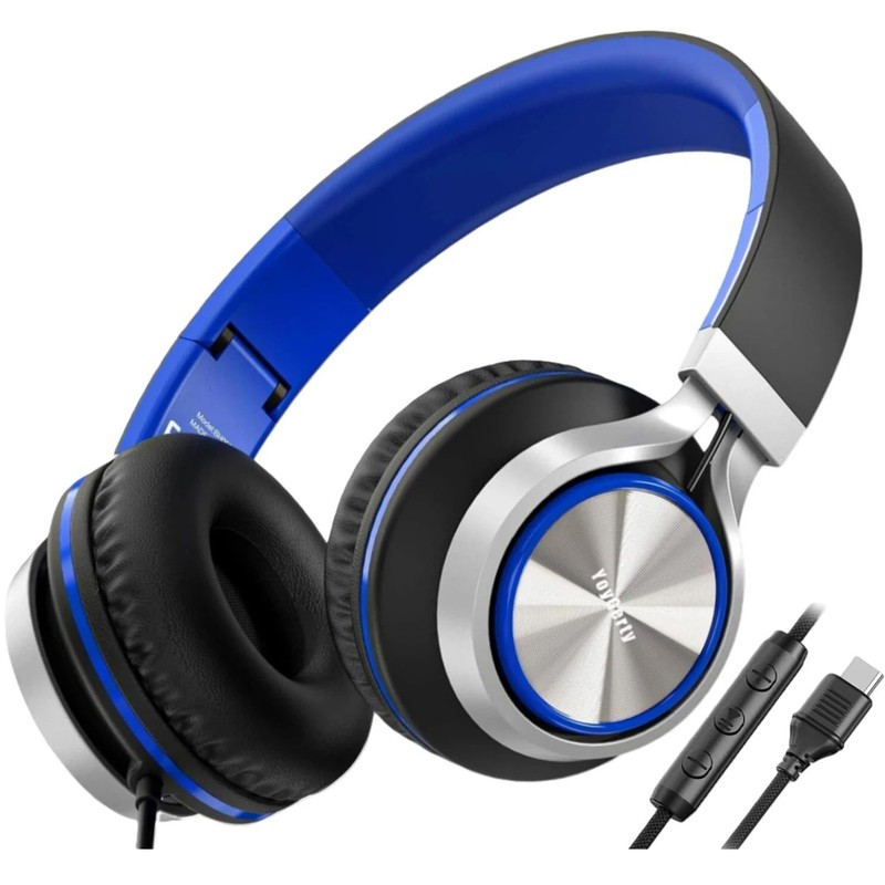Upgraded USB Type C Wired Over Ear Headphones Mic HiFi Stereo Foldable Blue