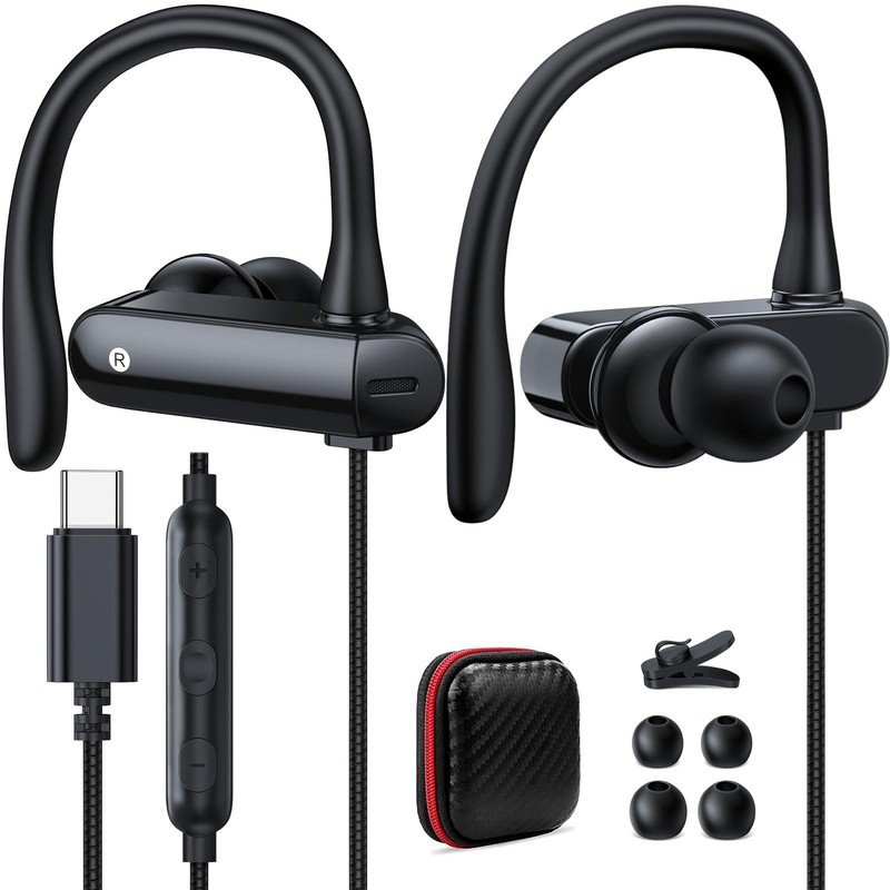 USB C Headphones Over Ear Hook Sport Wired Earbuds Kids with Loop Mic for Samsun