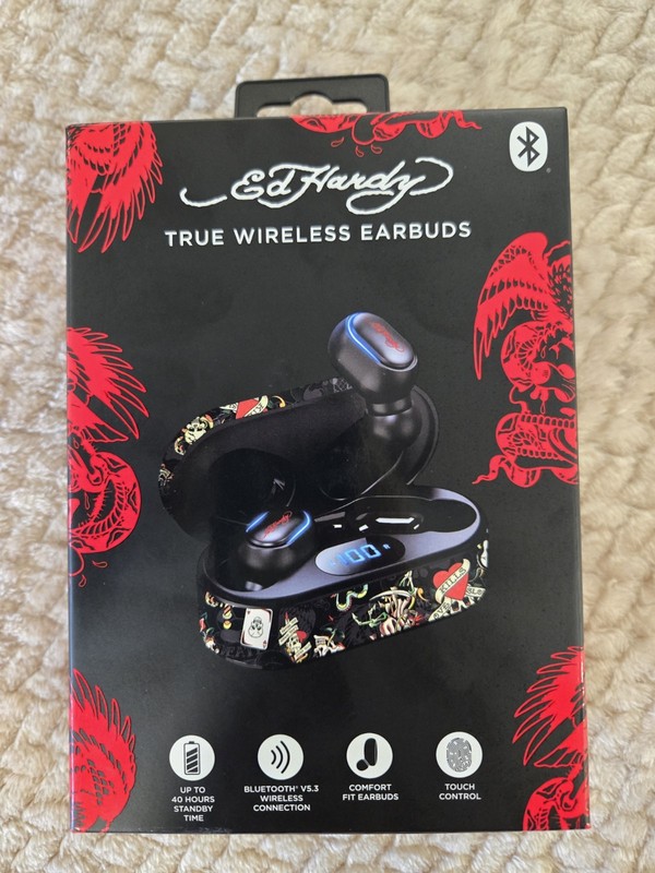 Ed Hardy True Wireless Bluetooth Earbuds with Charging Case Y2K