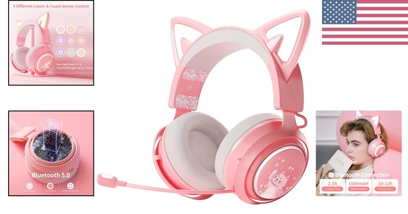 Wireless Cat Ear Headphones, Pink Gaming Headset Bluetooth 5.0 for Smartphone... gallery
