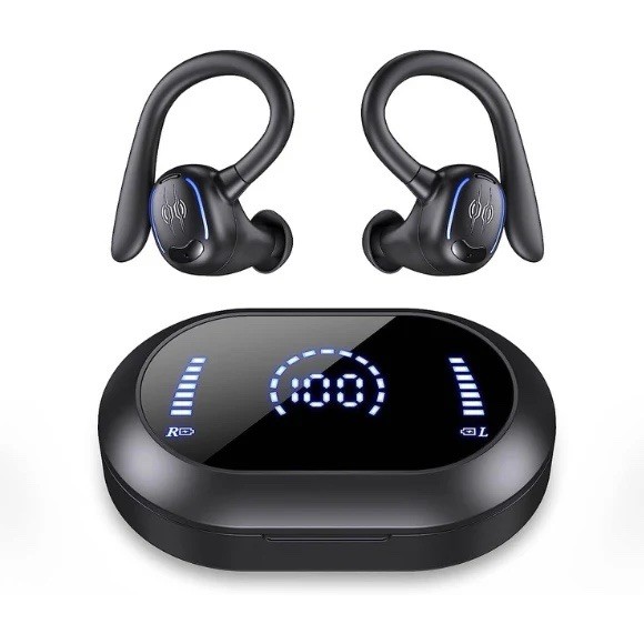 YYK-635 True Wireless Earbuds, Ear-hook, LED Display, Sports, Black