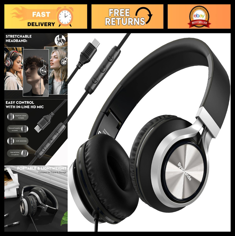 USB C Headphones with Mic & Volume Control, Over Ear Stereo Headsets for iPhone,