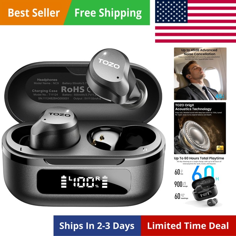 NC9 Hybrid Active Noise Cancelling Wireless Earbuds, 6 Mics ENC Clear Call, W…
