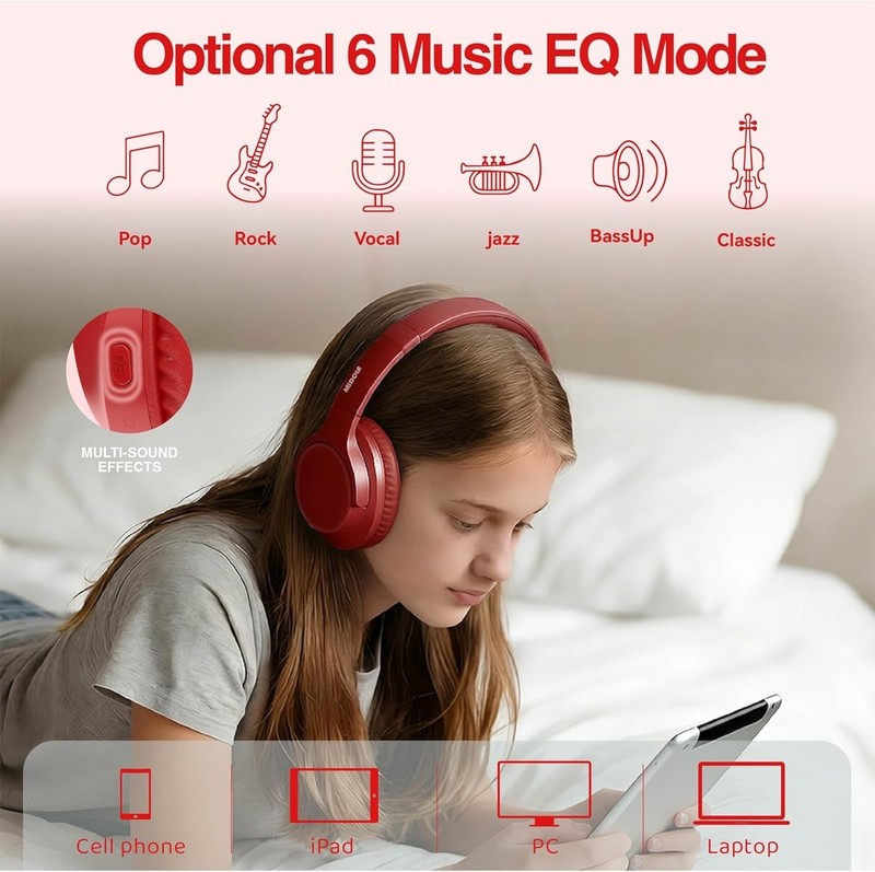 Wireless Bluetooth Headphones Over Ear 68H Playtime Foldable Light Red gallery