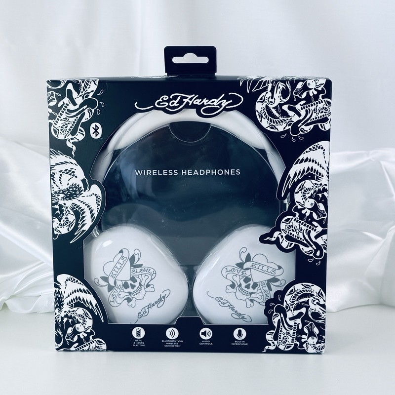 Ed Hardy Wireless Headphones Bluetooth V5.0 Over-Ear White New Love Kills Slowly