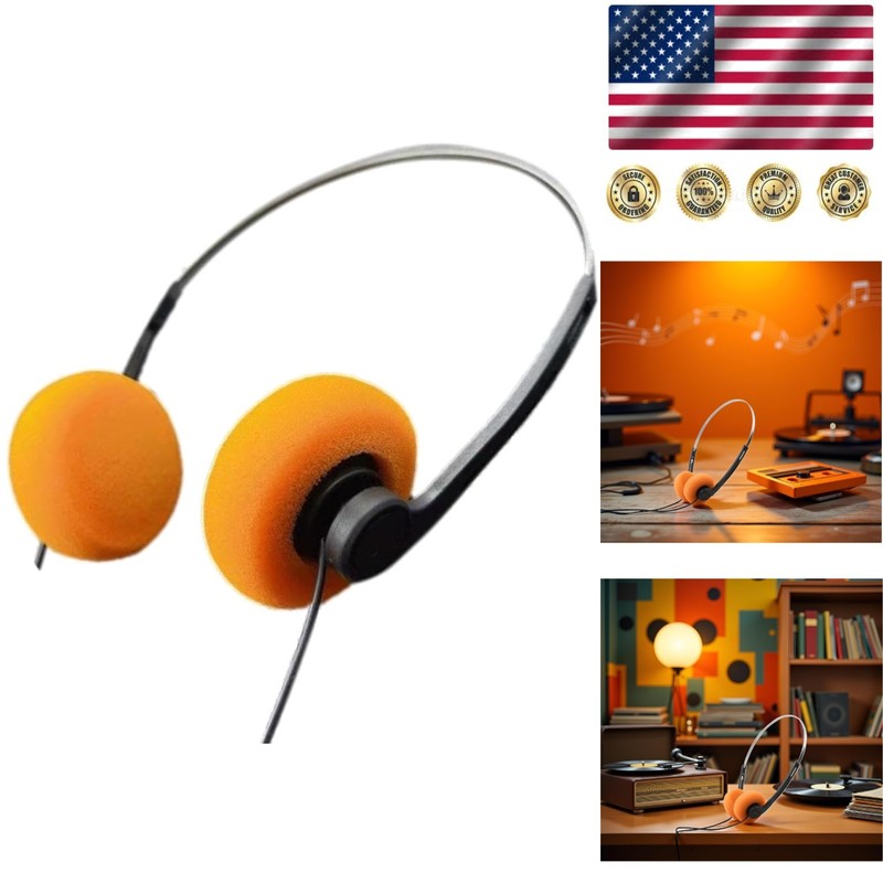 Hi-Fi Stereo Retro Headphones – Lightweight Orange Over-Ear Earphones