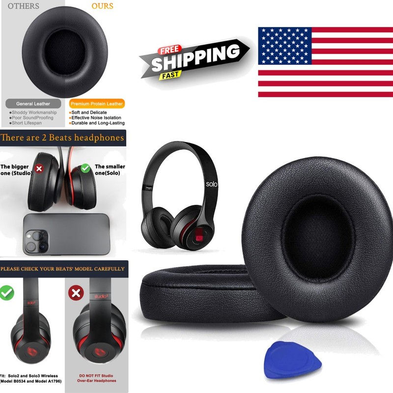 Earpads Cushions Replacement for Solo2 Solo3 Headphones Black Faux Leather
