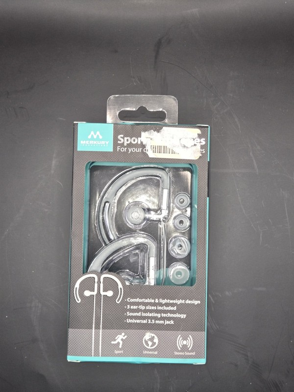 The item is a pair of Merkury Sport Universal Wired Earphones