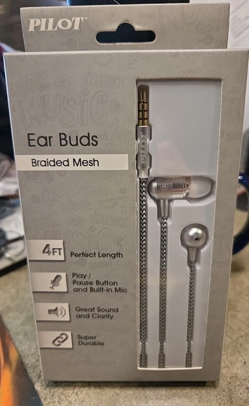 Pilot Wired Ear Buds Braided Mesh Silver NEW