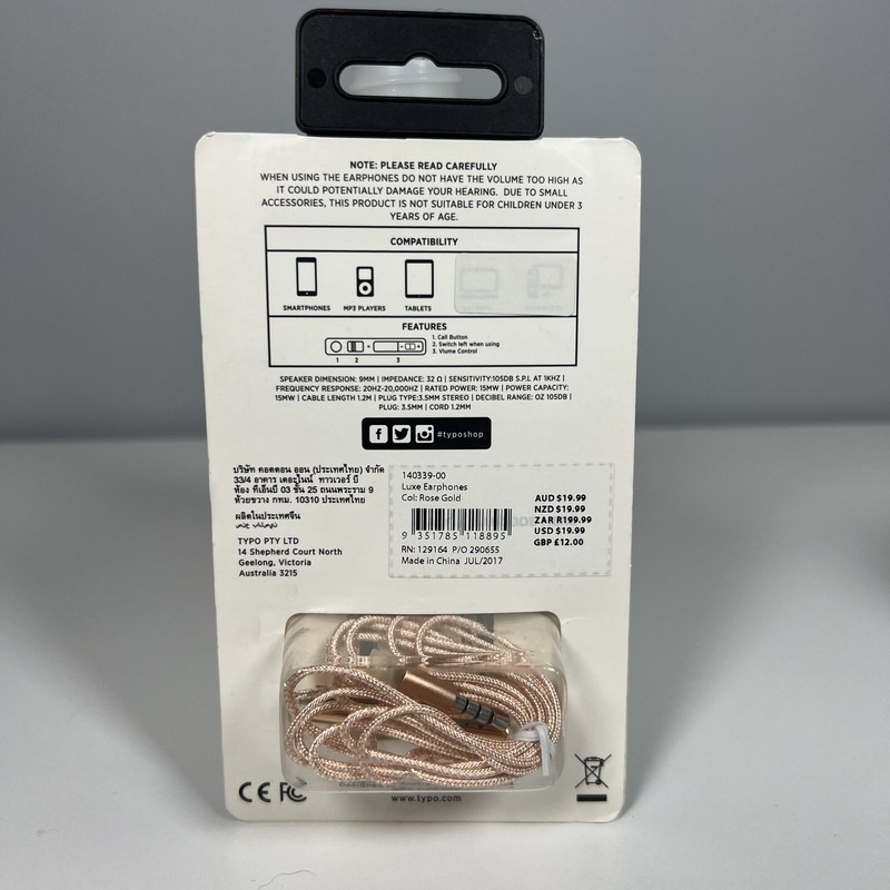 Typo Luxe Metallic Rose Gold Earphones HI-FI Stereo Sound Volume & Microphone gallery