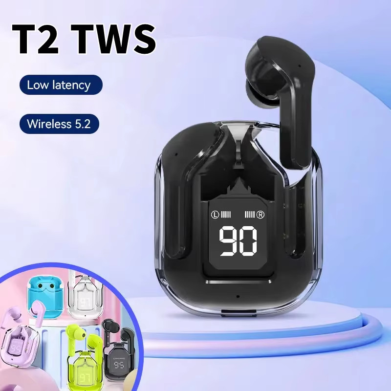 Original T2 Wireless Bluetooth Earphone Transparent HIFI Headphones LED Power Di gallery