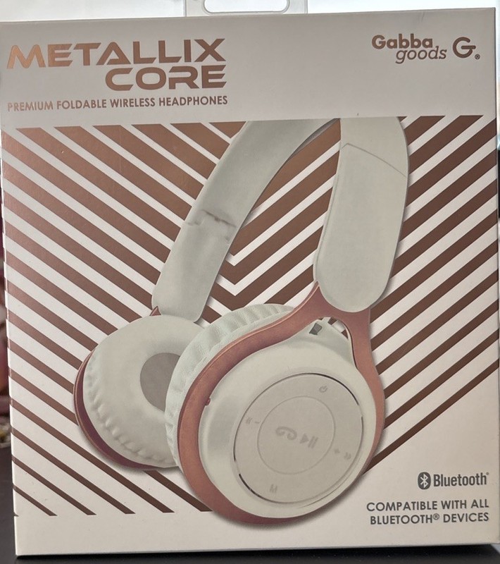 Gabba Goods Wireless Foldable Headphones Rose Gold/White Bluetooth Mic FM Radio