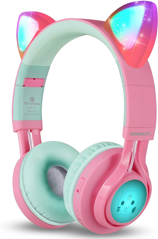 CT-7 Cat Ear Kids Bluetooth Headphones, LED Light, Mic, Volume Control