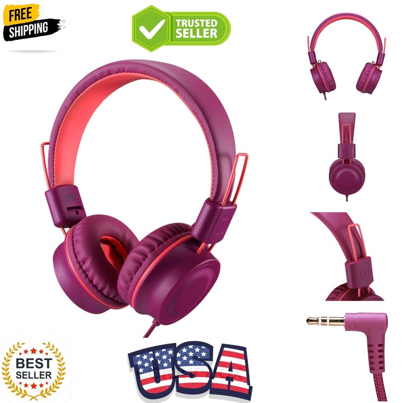 Kids Headphones K33 Foldable Stereo Tangle-Free 5ft Long Cord 3.5mm Jack Plug…