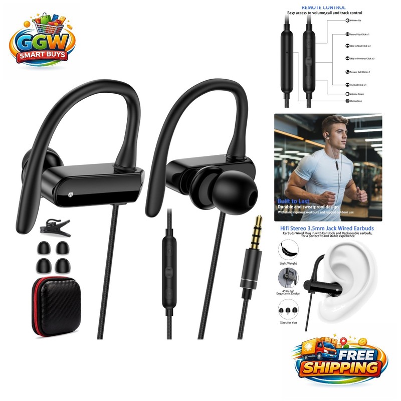 Tangle-Free Wired Earbuds with Secure Ear Hooks & Volume Control for Fitness