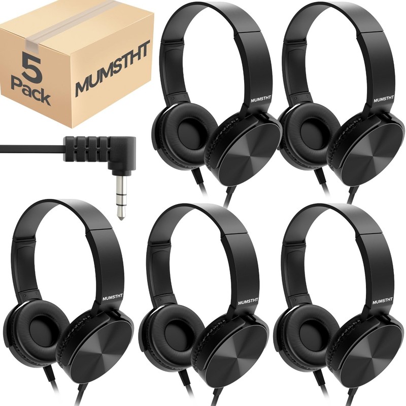 5 PCS Kids Headphones Bulk Wired Classroom Student 3.5mm Stereo Jack Black